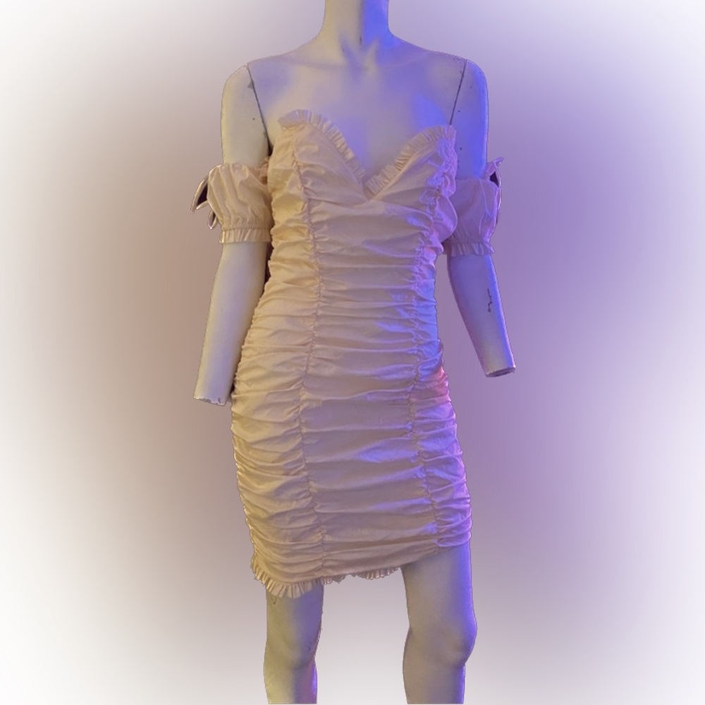 Ladies Coquette ruched Lolita mini beige ruffle cocktail dress quaint chic - Picture 3 of 12